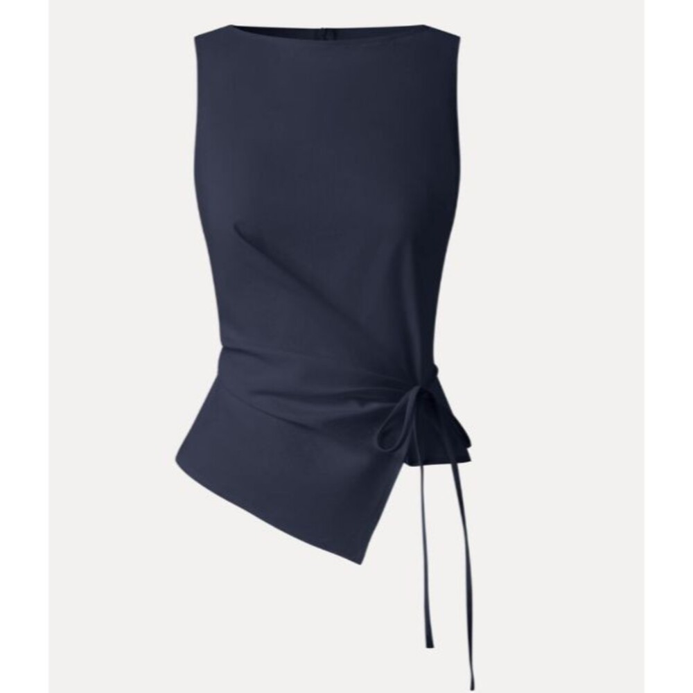 OGL Linen Blend Tie Waist Sleeveless Top Navy Blue Size Large 10-12